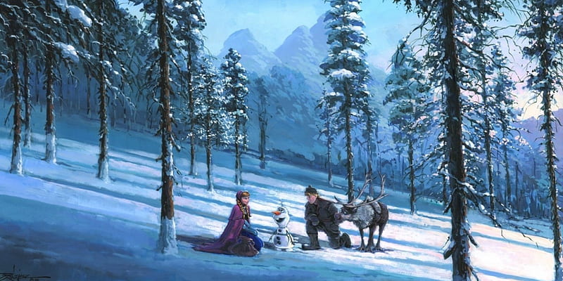 Cold Winters Day, Kristoff, Disney, Olaf, Winter, Anna, Sven, Painting, Snow, Rodel Gonz, Frozen, HD wallpaper