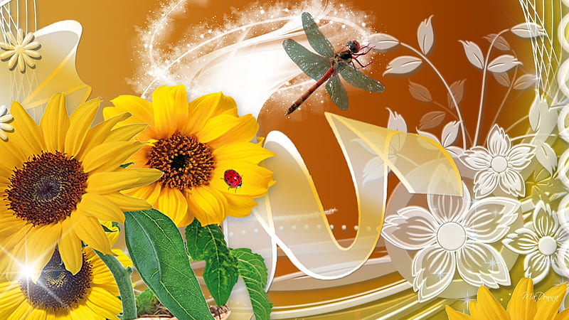 Sunflower Dragonfly Ladybug, fall, autumn, ribbon, shine, sparkle, ladybug, bright, summer, dragonfly, flowers, lady bug, HD wallpaper