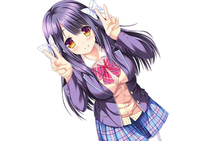 wakaba-iro no quartet, minegishi miyako, smiling, purple hair, school uniform, cute, Anime, HD wallpaper