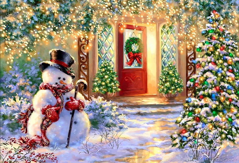 Home for the Holidays, houses, home, snowman, winter, Christmas, holidays, love four seasons, xmas and new year, paintings, snow, Christmas trees, light, HD wallpaper