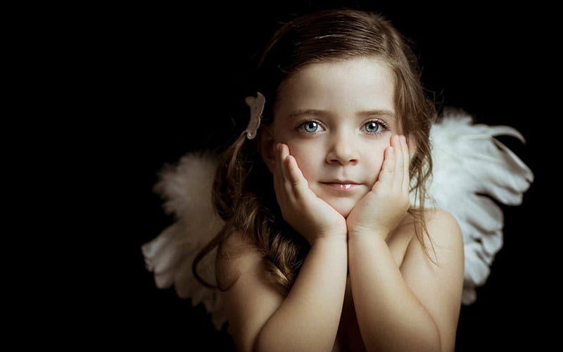 Angel, wings, Lucia, little angels, cute, girl, feather, child, face, white, HD wallpaper