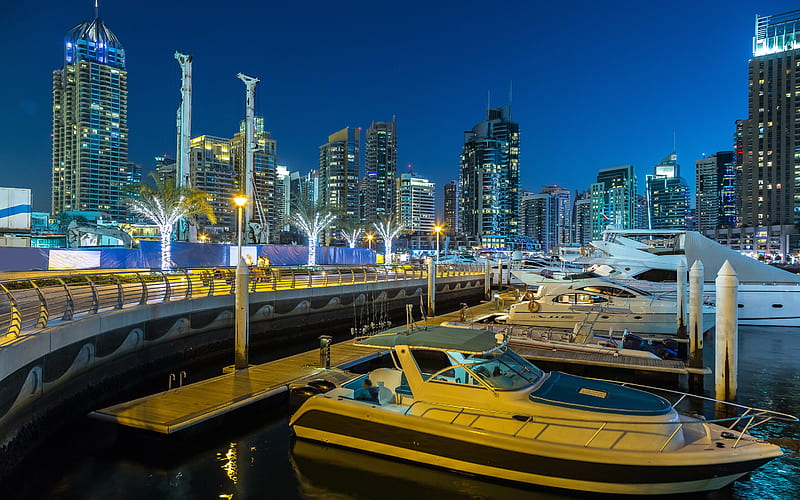 Dubai, United Arab Emirates, evening, cityscape, skyscrapers, yachts, HD wallpaper