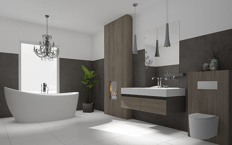 stylish bathroom interior, gray stylish design, modern interior, project, HD wallpaper
