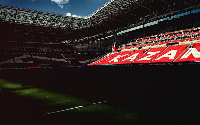 Kazan Arena, 2018 World Cup, football stadium, Kazan, Tatarstan, Russia, world championship, football green lawn, red stands, HD wallpaper