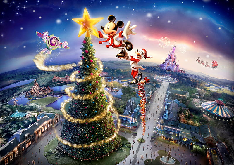 The Christmas tree, luminos, craciun, christmas, goofy, mickey mouse, tree, fantasy, star, light, disney, HD wallpaper
