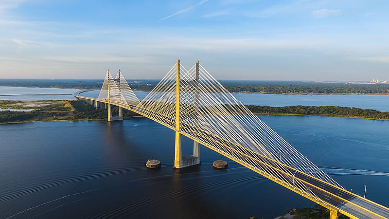aerial graphy of yellow bridge surrounded by body of water, HD wallpaper