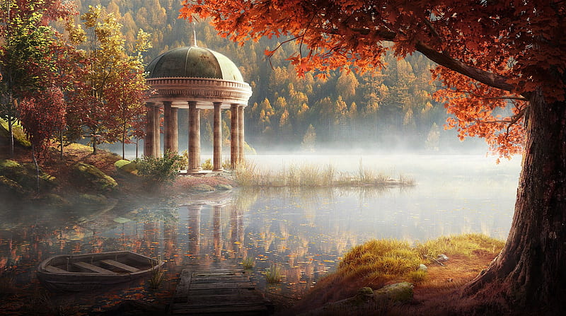Autumn, luminos, orange, leaf, lake, fantasy, water, pavilion, gazebo, andrew palyanov, HD wallpaper