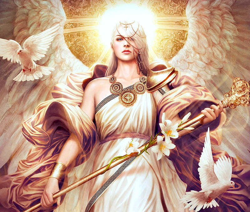 Archangel Gabriel, art, wings, luminos, angel, fantasy, bird, flower, beauty, dove, mariowibisono, HD wallpaper