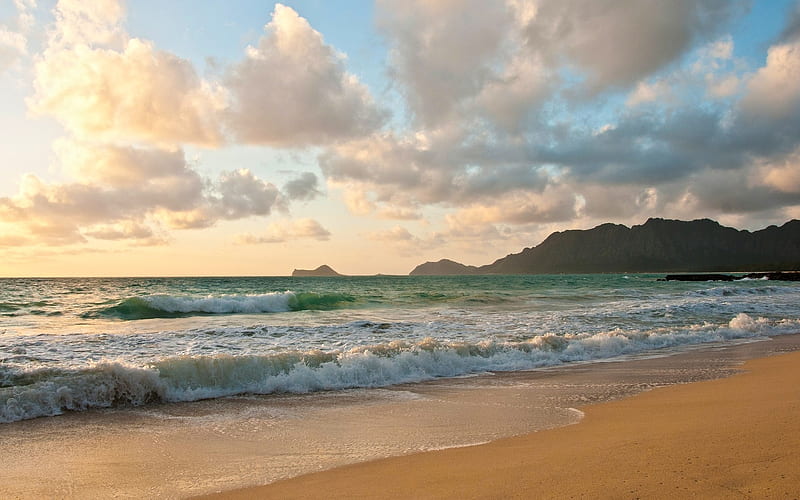 Oahu Beach, Hawaii, beach, Hawaii, ocean, waves, clouds, HD wallpaper