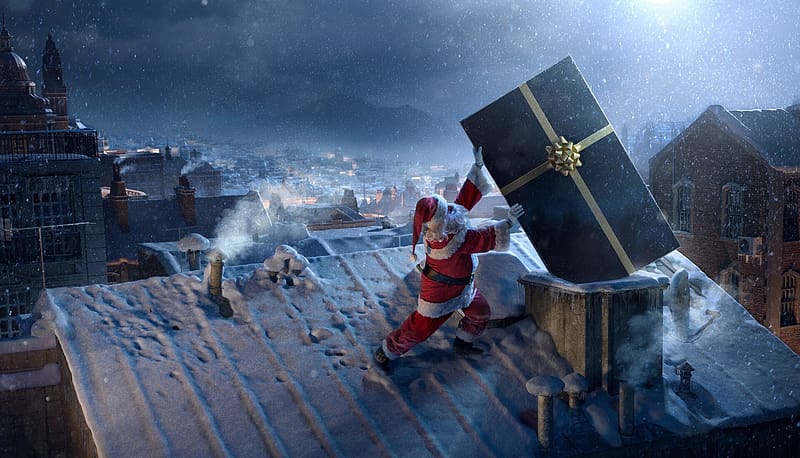 Funny, Winter, Night, City, Christmas, Holiday, Gift, Santa, HD wallpaper