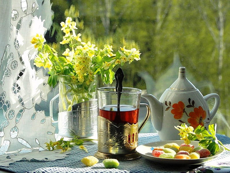 Morning tea, candy, sun, window, abstract, tea, teapot, still life, glass, graphy, flowers, day, morning, light, HD wallpaper