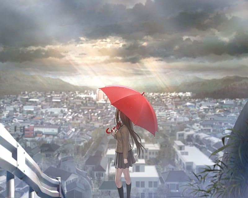 HD-wallpaper-rain-finally-stopped-art-sun-anime-gir-town-skirt-clouds-coo-unifrom-umberlla-city-girl-anime-raining-long-hair