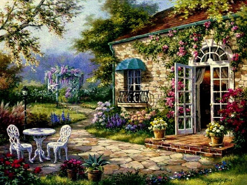 garden patio, patio, table, painting, chairs, flowers, garden, nature, HD wallpaper