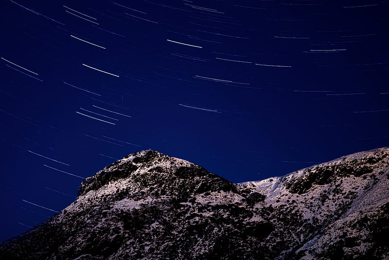 mountains, stars, night, rotation, long exposure, HD wallpaper