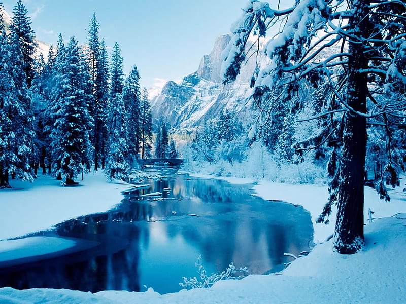 Blue River, snow, mountains, river, trees, blue, winter, HD wallpaper