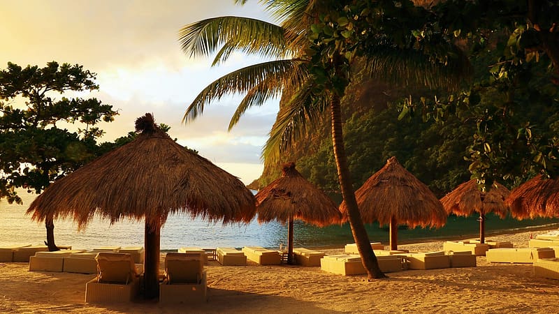 Beach of St. Lucia at Piton Mountain, palm tree, caribbean, island, umbrella, tropical, ocean, HD wallpaper