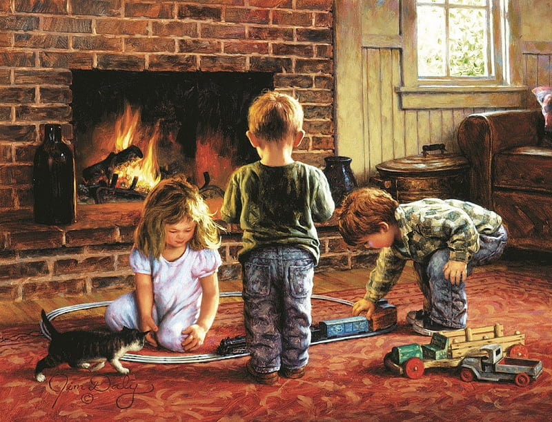 Playtime, fireplace, painting, children, armchair, room, cat, artwork, chimney, HD wallpaper