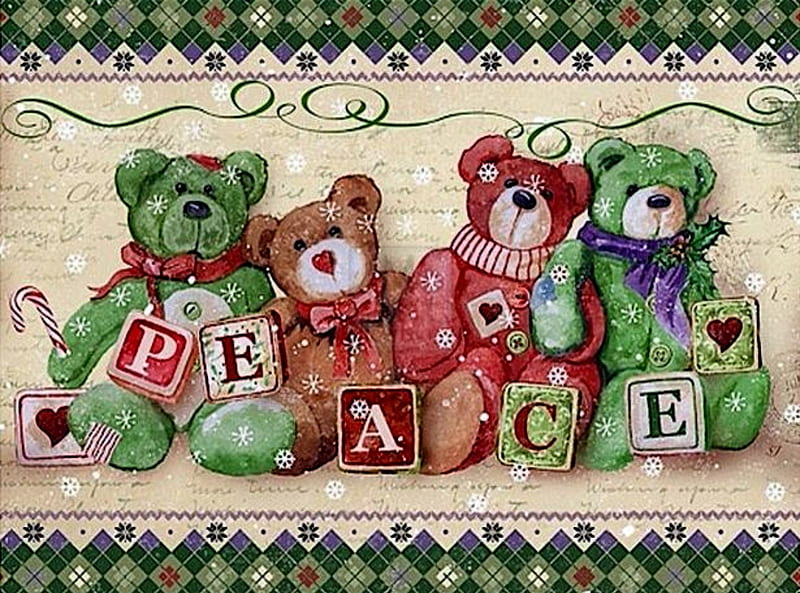 Teddy Bears Peace, Brown, Red, Green, Bears, Teddy, Peace, Abstract, Fantasy, HD wallpaper