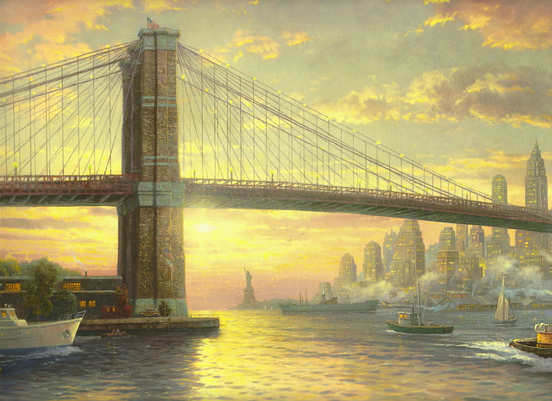 The spirit of New York, art, new york, golden, thomas kinkade, boat, city, water, bridge, painting, HD wallpaper