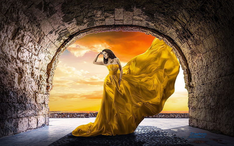 Model in Tunnel, sunset, Shadows, fashion, lovely, gown, yellow, Model, Tunnel, Brunette, graphy, femininity, HD wallpaper