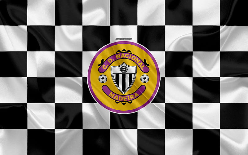 CD Nacional logo, creative art, white black checkered flag, Portuguese football club, Primeira Liga, Liga NOS, emblem, silk texture, Funchal, Portugal, football, HD wallpaper