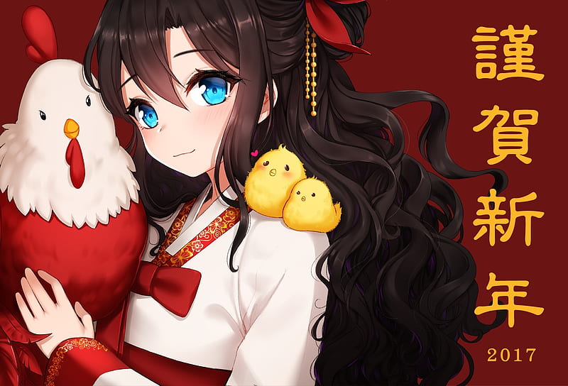 Year of the Rooster, cute, red, rooster, girl, chicken, anime, manga, ango, HD wallpaper