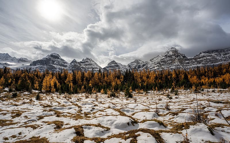Larch Valley, Banff after an early snowfall, sky, rocks, trees, autumn, clouds, canada, HD wallpaper