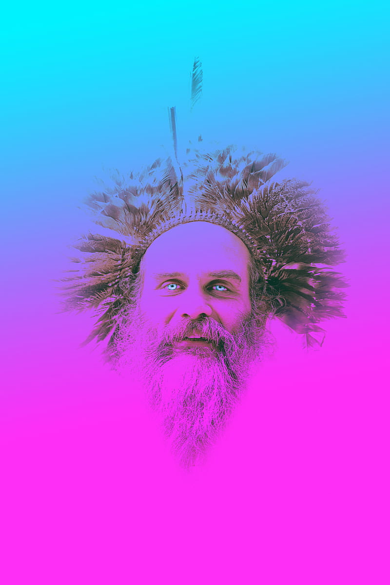 colorful, life, portrait, hippie , smiling, face, looking at viewer, happy, feathers, beard, men, blue eyes, open mouth, bald, gradient, old, cyan, pink, HD phone wallpaper