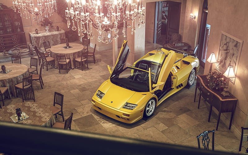 Lamborghini Diablo, Supercar, yellow sport car, lambo doors, shoot, retro sports car, Yellow Diablo, Lamborghini, HD wallpaper