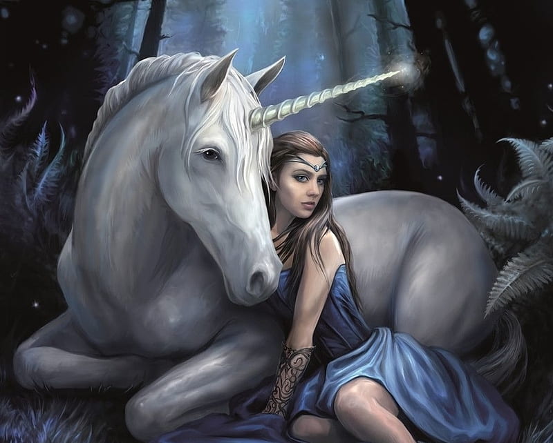 Unicorn and girl, fantasy, luminos, girl, unicorn, white, horse, blue, HD wallpaper