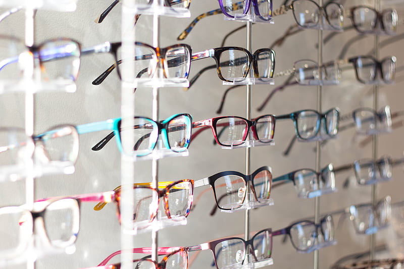 arranged assorted-color eyeglasses on rack, HD wallpaper
