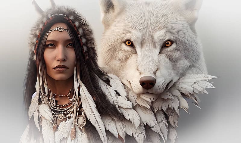 Indigenous Woman with White Wolf, native American, Portrait, white wolf, Indigenous woman, HD wallpaper