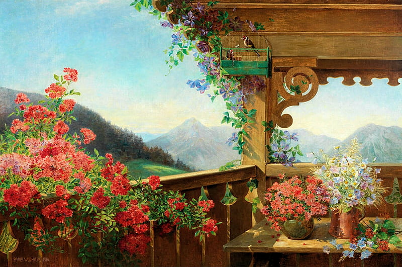 Floral Decoration, bird, balcony, mountains, flowers, painting, landscape, HD wallpaper
