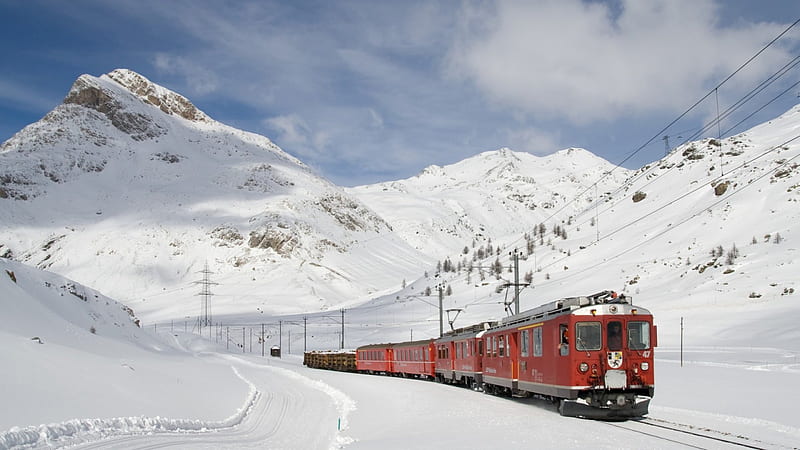 train going up a mountain in winter, red, trai, mountains, tracks, winter, HD wallpaper