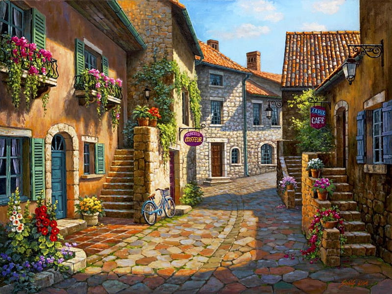 Back Lane, houses, painting, cobblestone, flowers, village, HD wallpaper