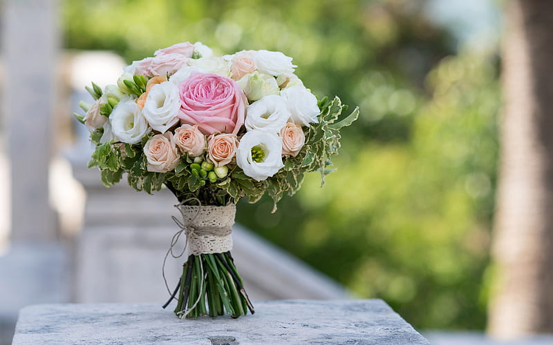 wedding bouquet, eustoma, white roses, beautiful bouquet, wedding concepts, bridal bouquet, HD wallpaper