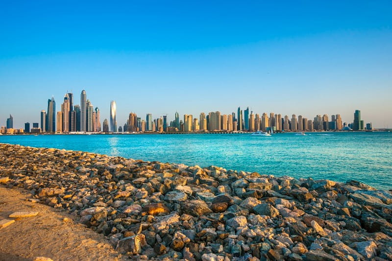 Dubai, beach, city, arab emirates, harbour, coast, skyscrapers, HD wallpaper