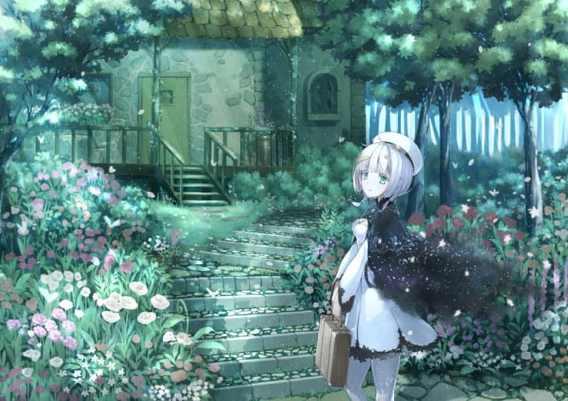 Forest House, house, scenic, white hair, plant, home, adorable, staircase, stair, green, anime, anime girl, scenery, look, female, short hair, building, cute, tree, kawaii, girl, garden, walking, walk, silver hair, looking, scene, HD wallpaper