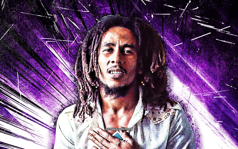 Bob Marley, grunge art, jamaican musician, music stars, jamaican celebrity, violet abstract rays, Robert Nesta Marley, Bob Marley, HD wallpaper