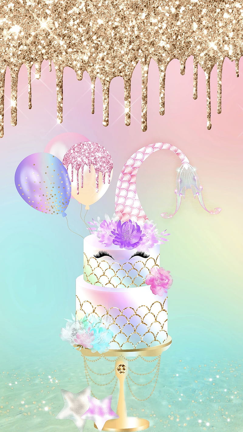 Happy Mermaid Cake, birtay, birtay , celebrate, cute, drips, eye lashes, gold glitter, mermaid, HD phone wallpaper