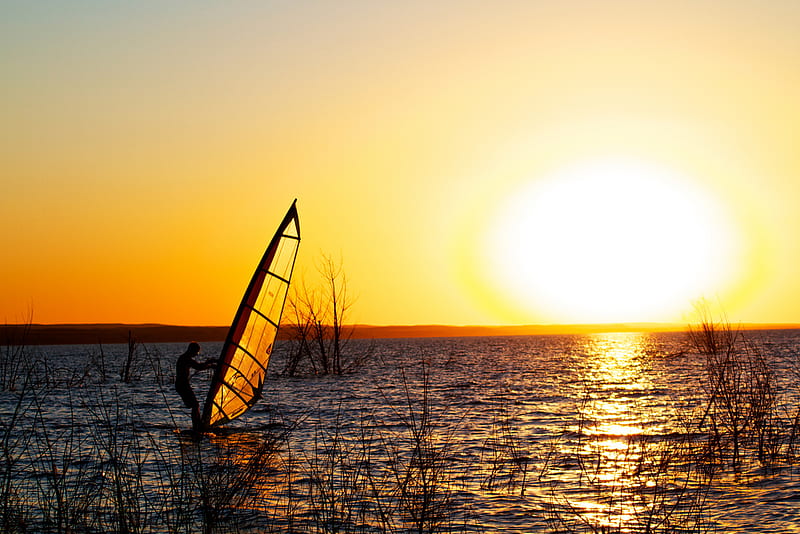 Sailing into the Sunset, sun, windsurfing, reeds, sunset, lake, esports, HD wallpaper