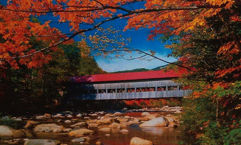 Red Roofed Covered Bridge, autumn, leaves, stones, colors, river, trees, HD wallpaper