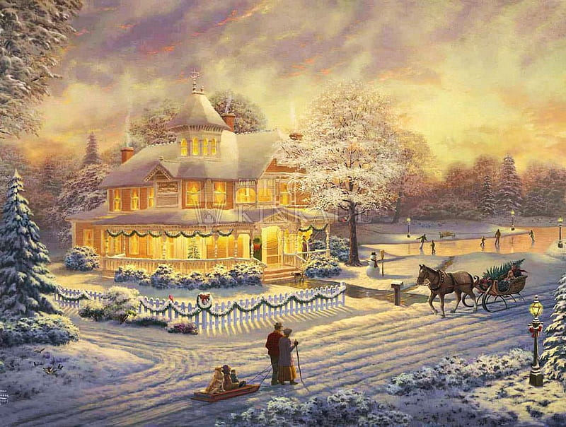 Victorian Christmas Sunset, sleigh, cottage, snow, painting, horse ...