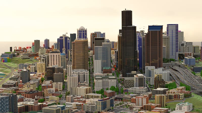 Minecraft, City, Skyscraper, Building, Seattle, Video Game, HD wallpaper