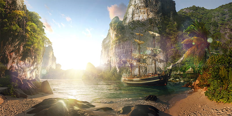 Treasure Island, rocks, lands beautiful, palm, mysterious, trees, beach, ship, treasure, island, light, HD wallpaper