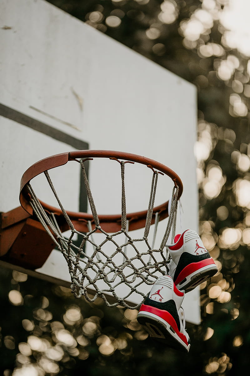 basketball hoop, sneakers, net, shield, basketball, HD phone wallpaper