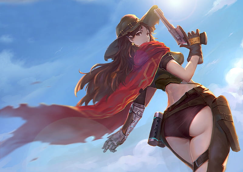 ~Cowgirl~, McCree Overwatch, handgun, cowgirl, chaps, game, sky, Overwatch, clouds, hat, gun, McCree, holster, poncho, HD wallpaper