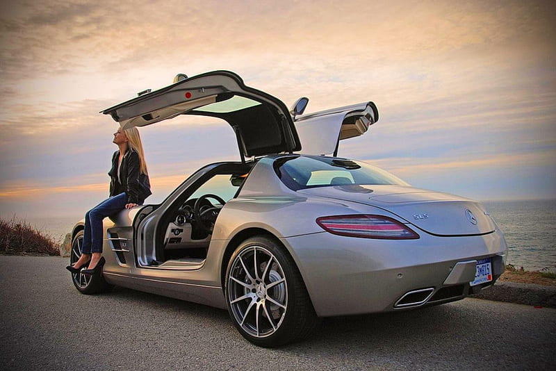 Mercedes SLS, girl, car, sls, amg, mercedes, HD wallpaper