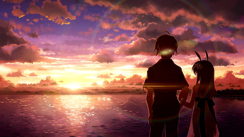 Anime sunset , beach sunset, boy, colorful, girl, heart, magic, purple, sky, sunsets, HD wallpaper