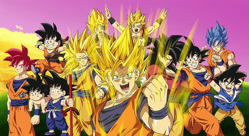 Goku all forms, ball, black, dragon, kid, red, son, super, super saiyan blue, team, transformation, HD wallpaper